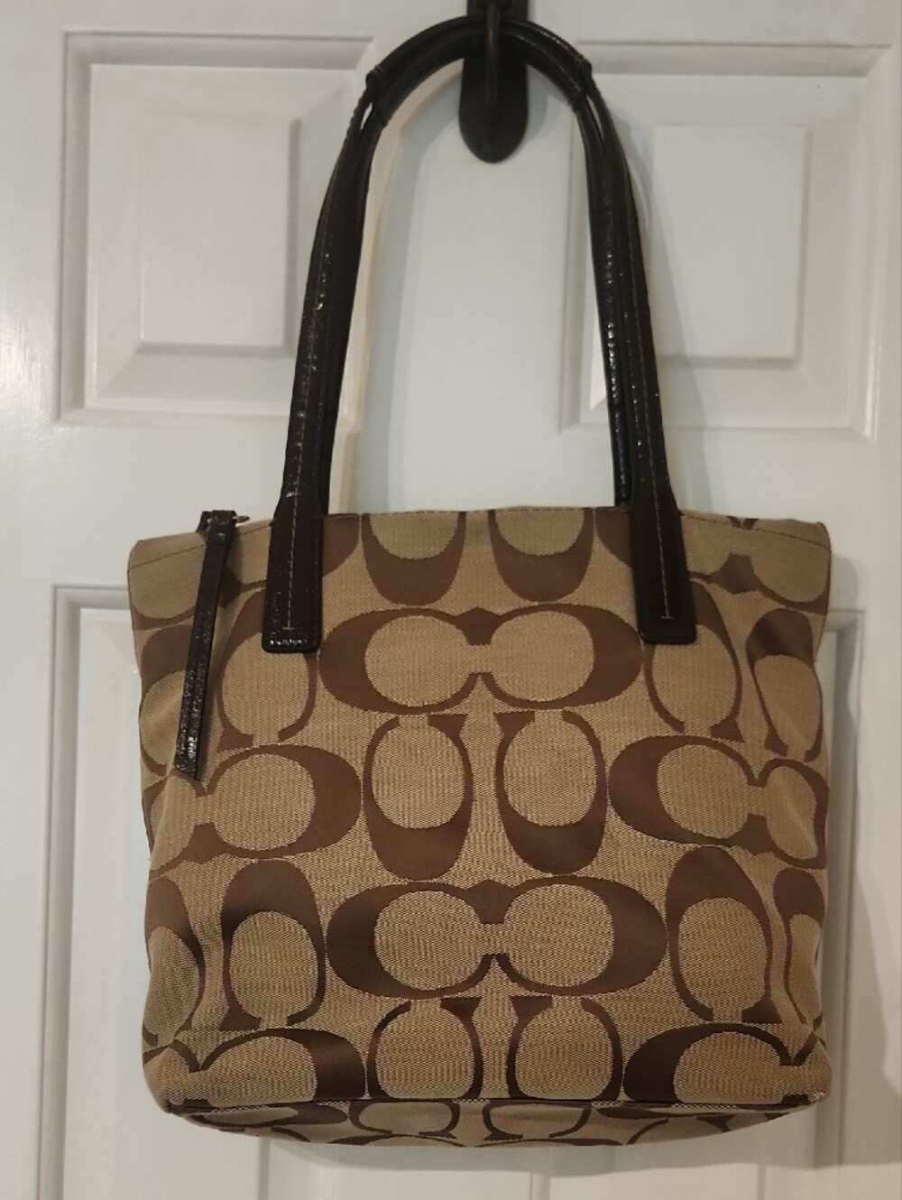 COACH Brown Signature Shoulder Tote with Dark Brown Trim - Picture 5 of 14